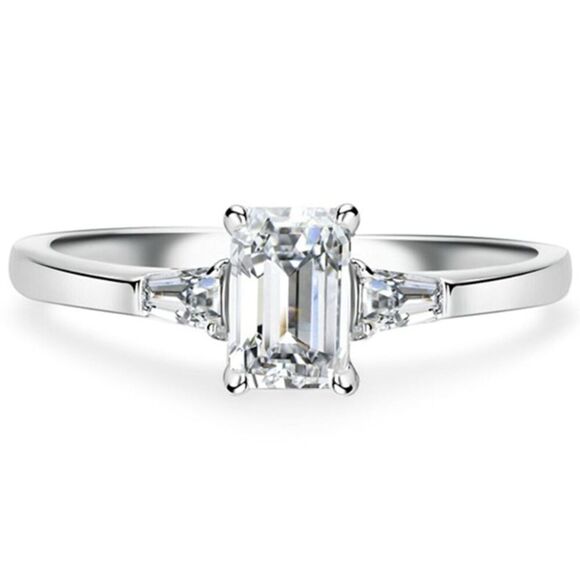 Sterling Silver Ring 18K White Gold Plated Cubic Zirconia Baguette Size 6.25 925 - Picture 1 of 14